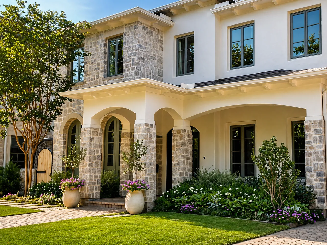 Completed front yard landscaping with flower beds framing a stone house, installed by Strong Landscaping