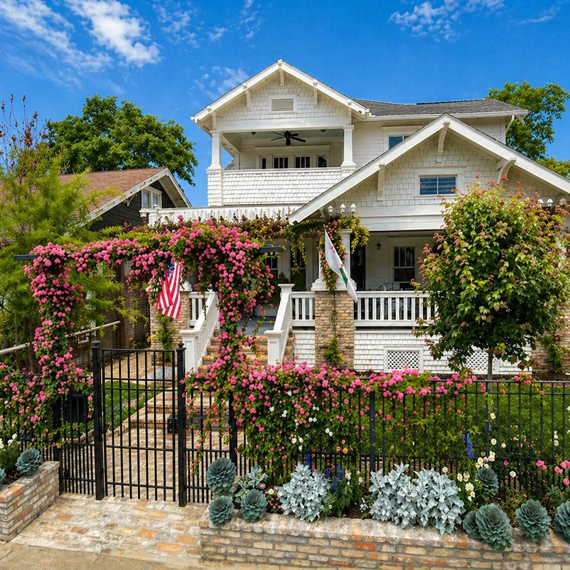 Front-yard rose garden and flower beds beside a garden gate