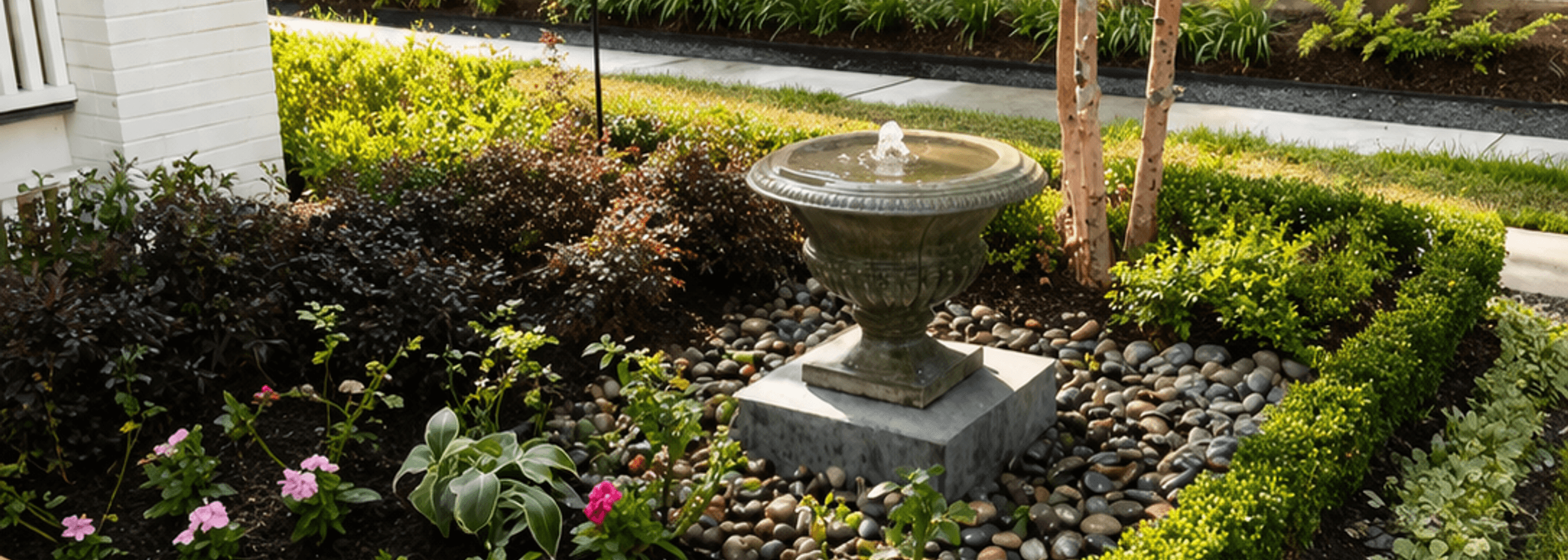Garden fountain water feature in a front yard with flower beds built by Strong Landscaping in Houston