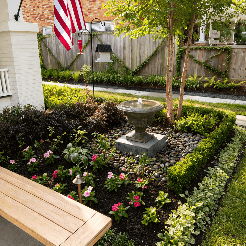 Tiered garden fountain set among front-yard flower beds landscaped by Strong Landscaping