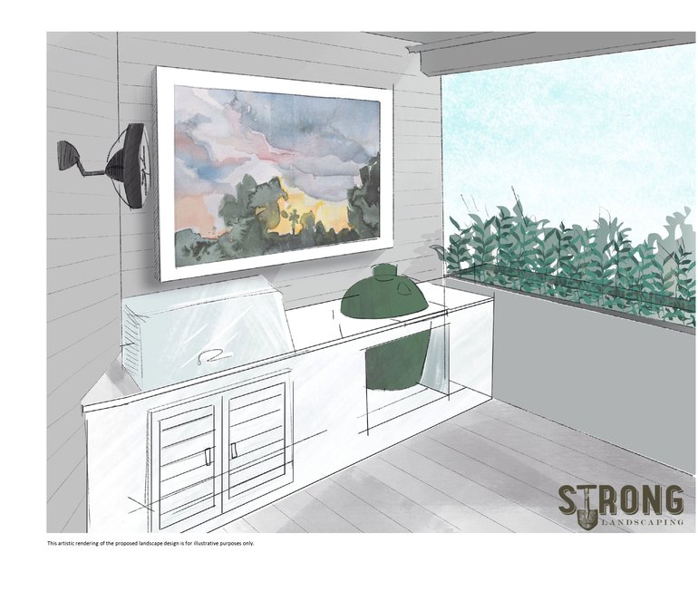 Outdoor kitchen design rendering with a built-in grill, counter, and dining layout for a Houston, TX backyard by Strong Landscaping