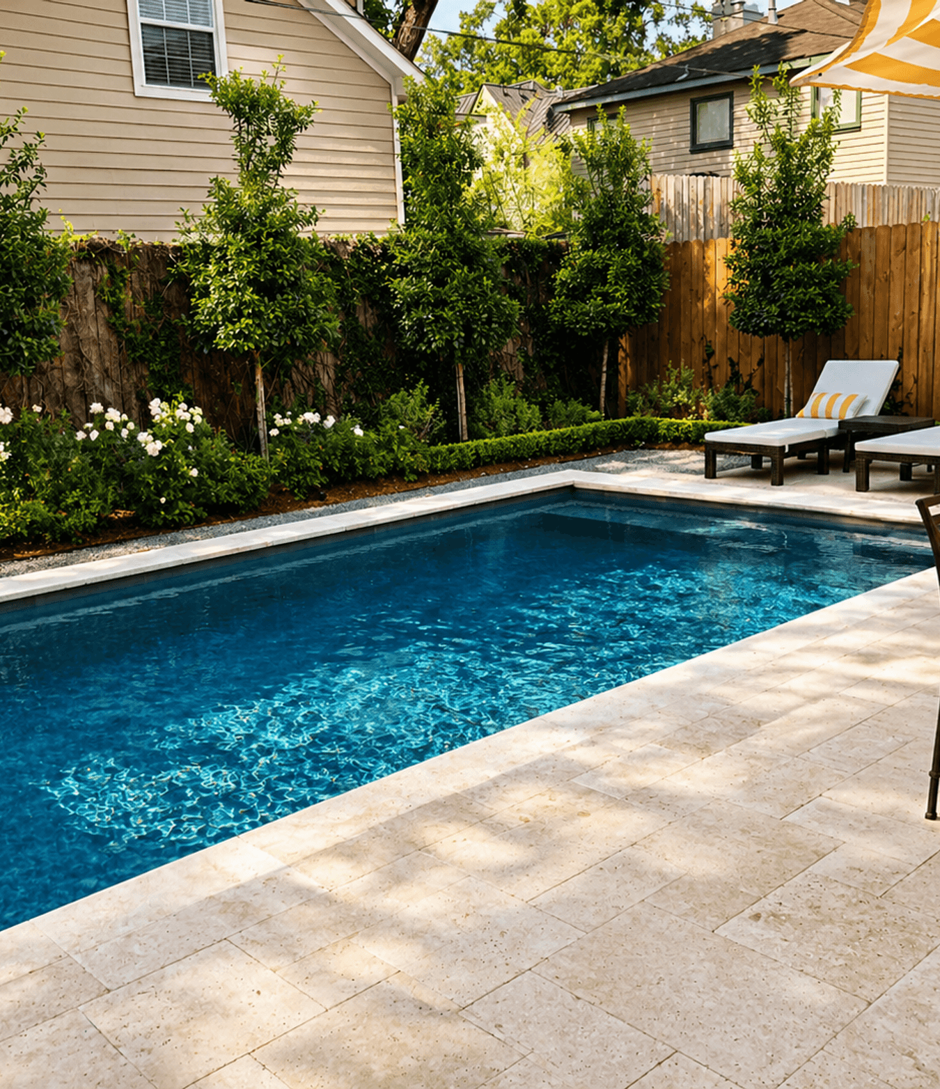 Poolside patio with lounge chairs and professional landscaping at a Westchase, Houston community common area by Strong Landscaping