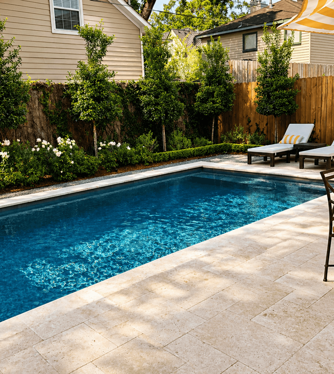 Poolside patio with lounge chairs framed by lush professional landscaping
