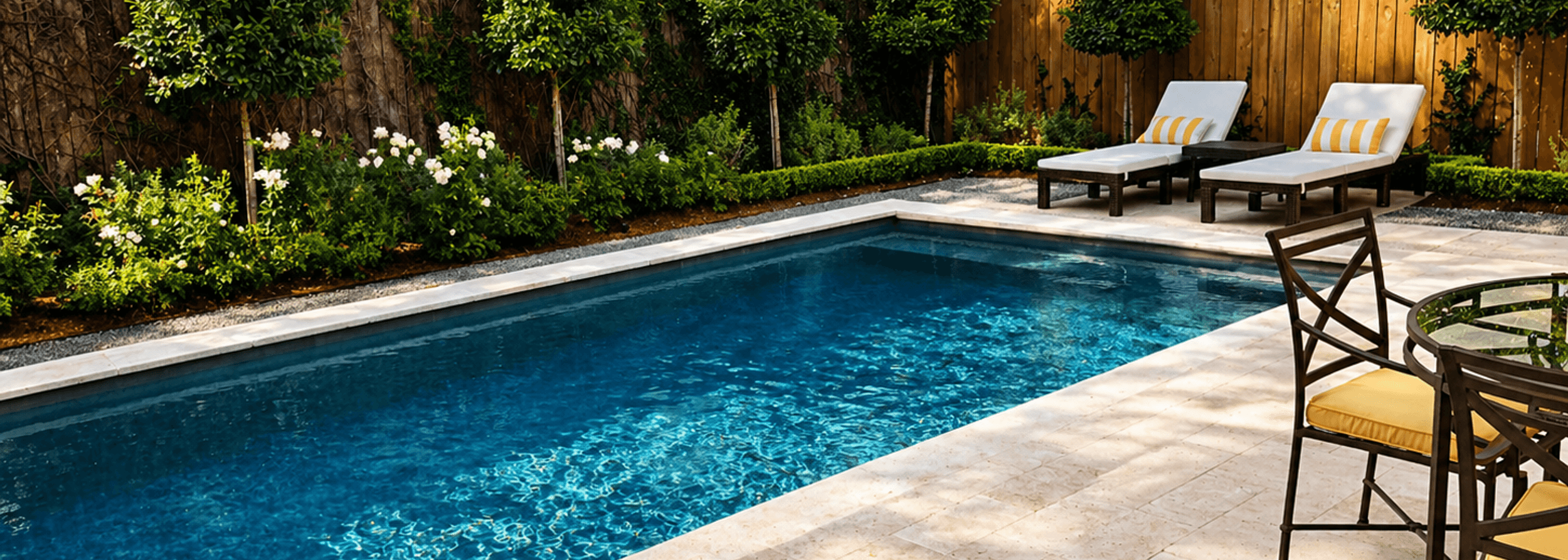Poolside patio with lounge chairs framed by lush professional landscaping