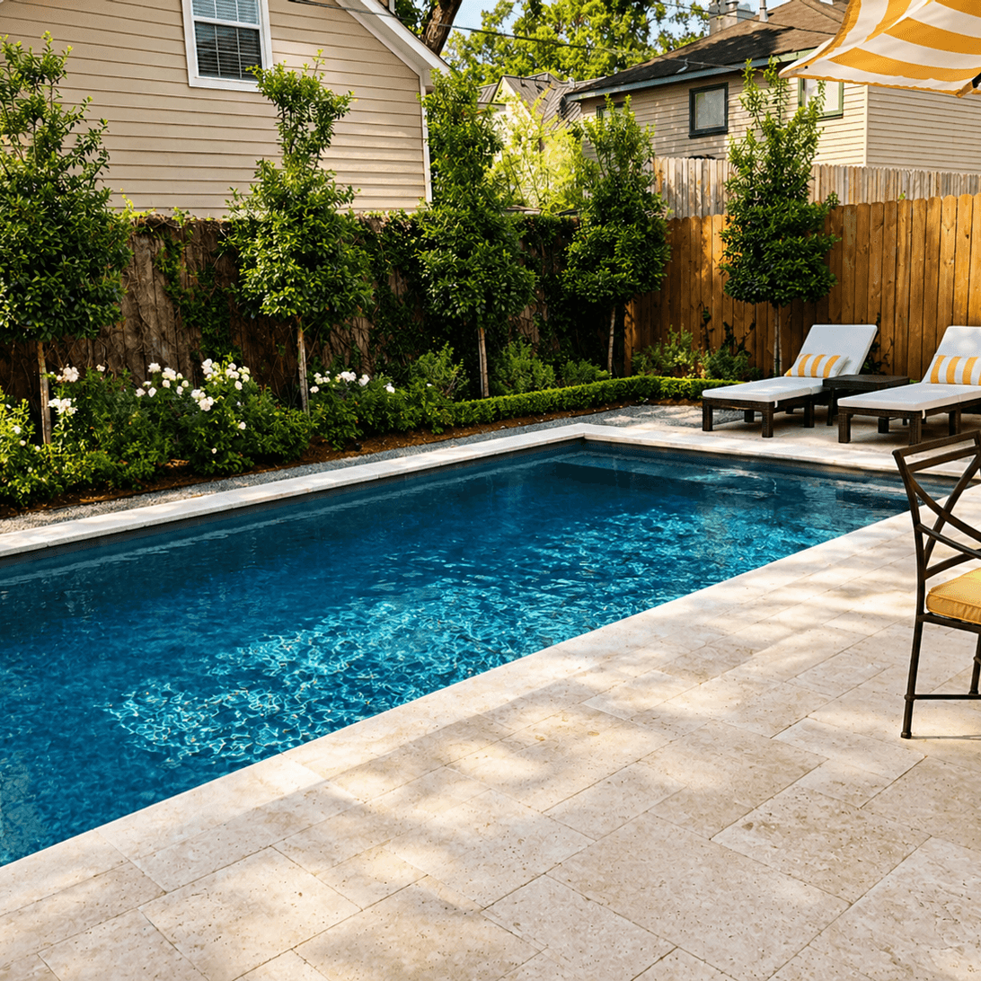 Poolside patio with lounge chairs framed by lush landscaping
