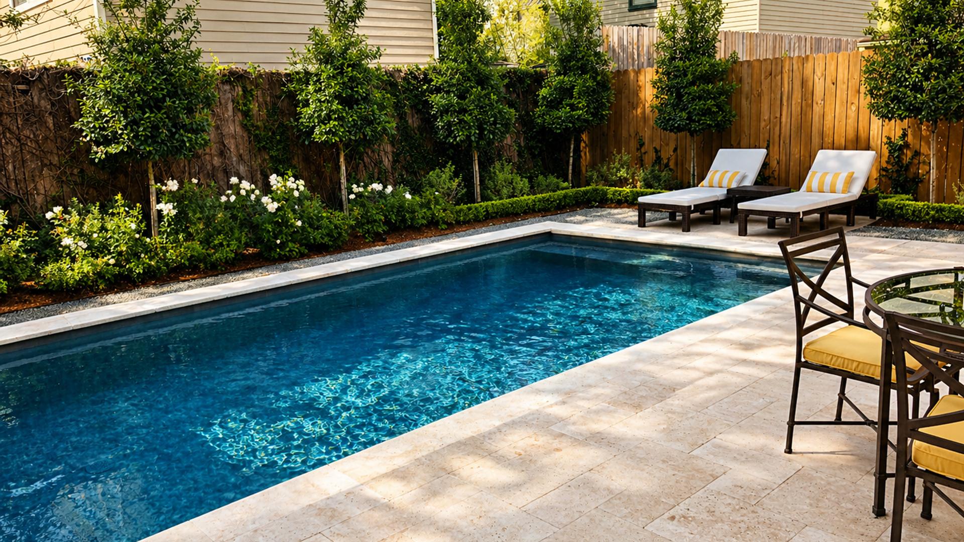 Poolside patio with lounge chairs framed by lush professional landscaping