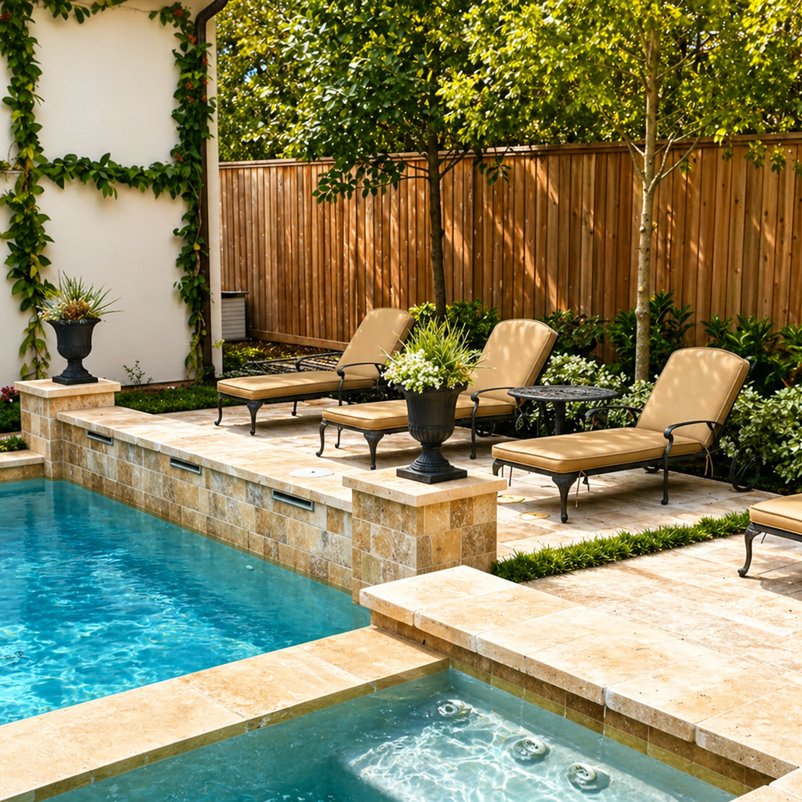 Pool patio with lounge chairs framed by privacy landscaping
