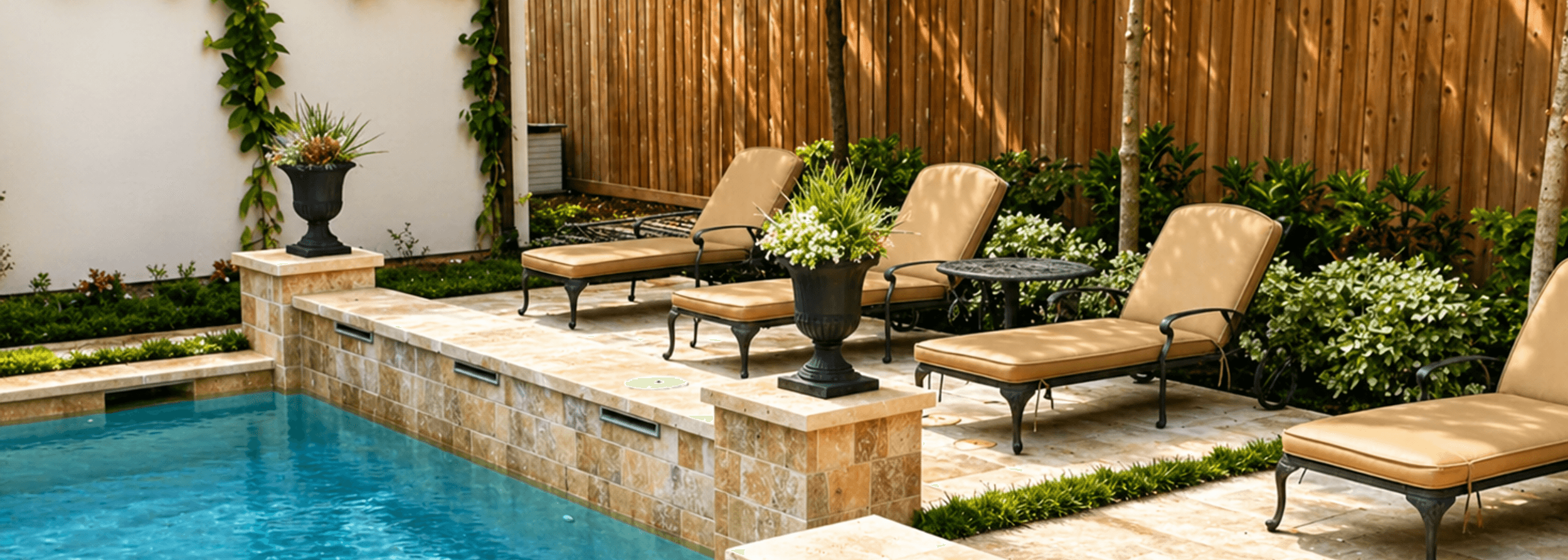 Pool deck patio with lounge chairs and privacy landscaping built by Strong Landscaping in Houston