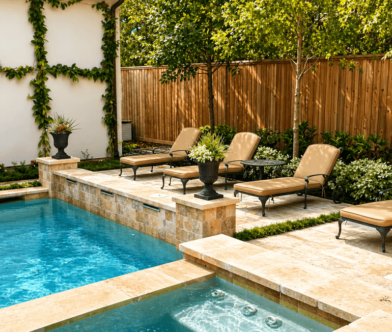 Pool deck patio with lounge chairs and privacy landscaping built by Strong Landscaping in Houston