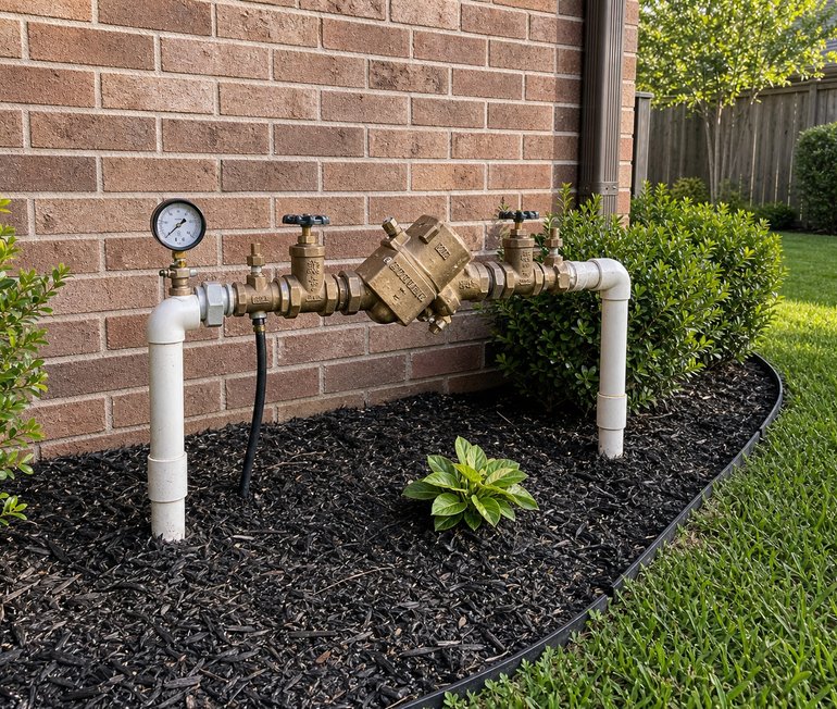 Irrigation backflow preventer assembly in a clean Houston landscape bed