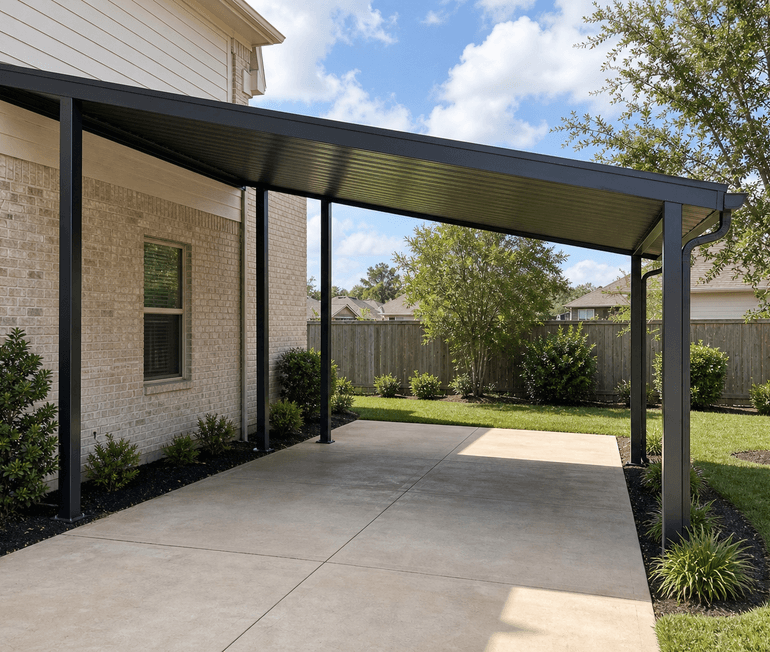 Metal carport installation covering a driveway beside a landscaped Houston home