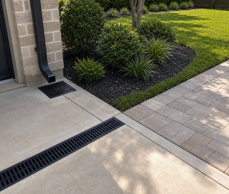 Channel drain and catch basin integrated into a Houston patio and landscape edge