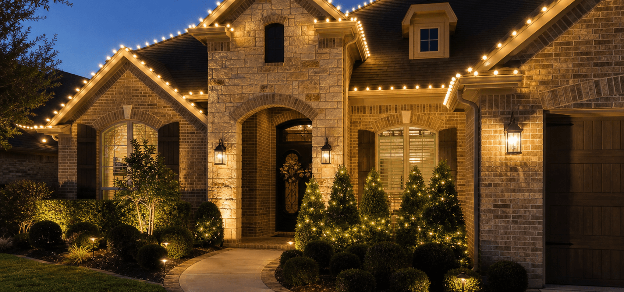 Houston home lit with warm roofline Christmas lights and glowing evergreens at dusk