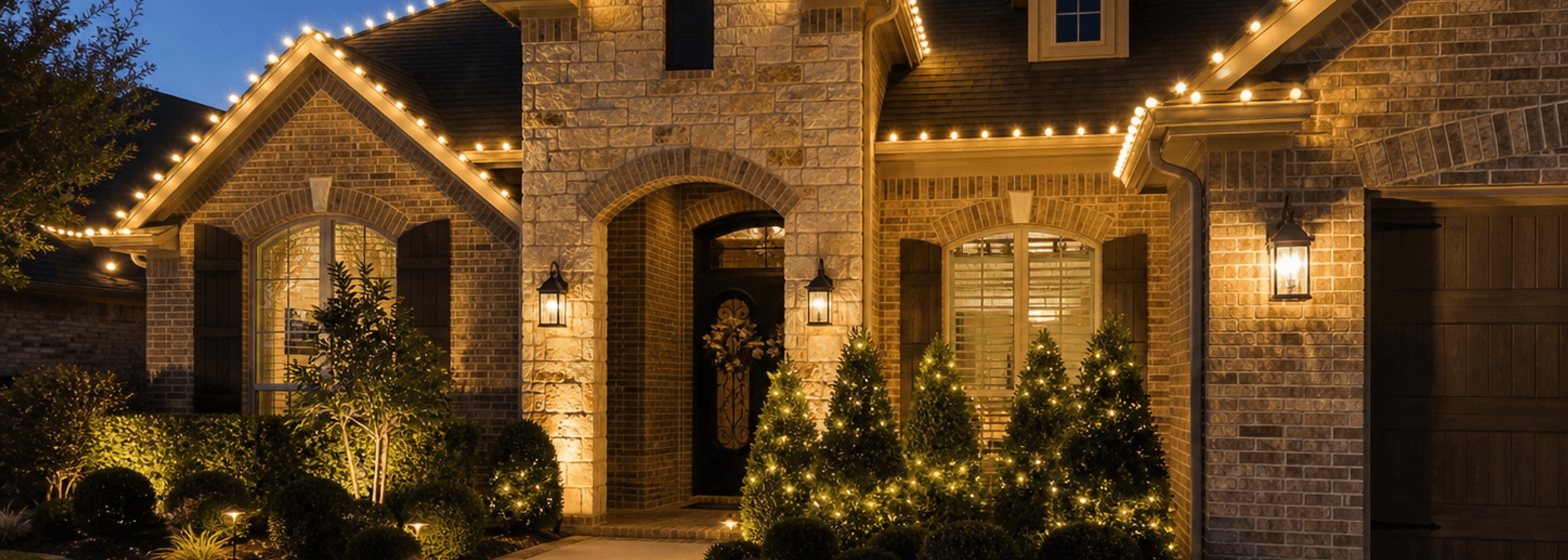 Houston home lit with warm roofline Christmas lights and glowing evergreens at dusk