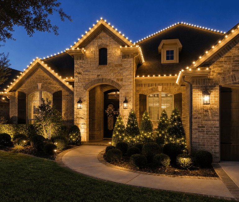 Warm white Christmas lights installed along the roofline of a Houston home at dusk