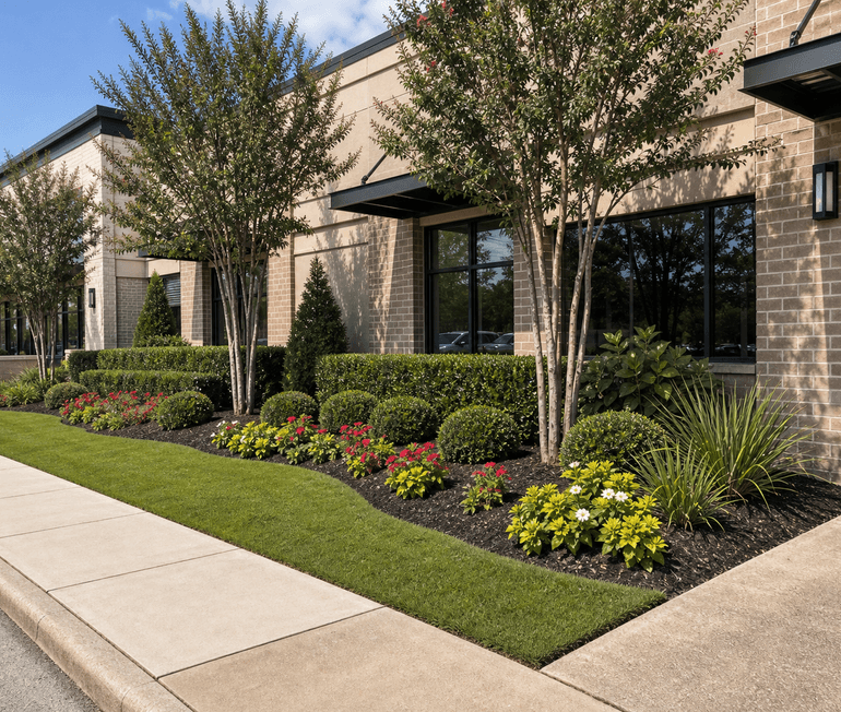 Maintained commercial landscape beds with fresh mulch outside a Houston property