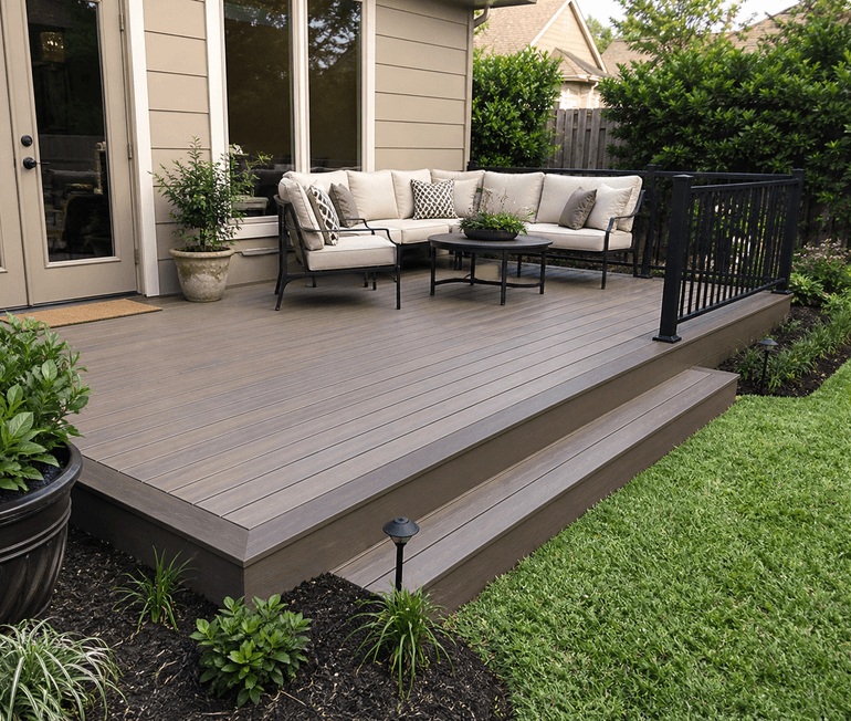 Composite deck installation with low-maintenance boards, railing, and finished backyard landscaping in Houston