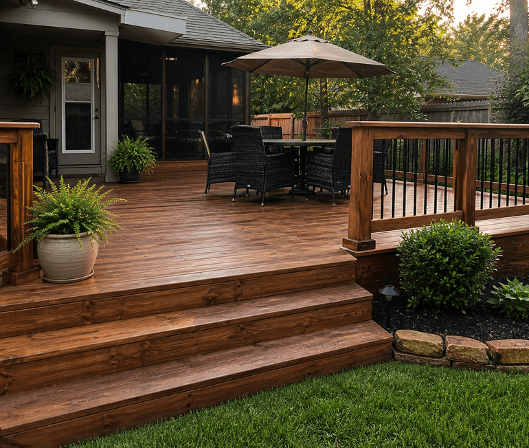Freshly repaired and stained wood deck with railings in a clean Houston backyard