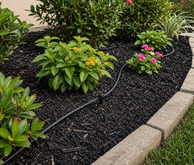Drip irrigation tubing and emitters tucked into a mulched Houston flower bed