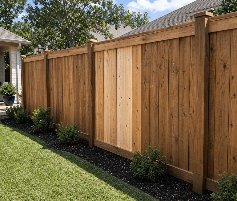 Repaired wood privacy fence with clean landscaping in a Houston backyard
