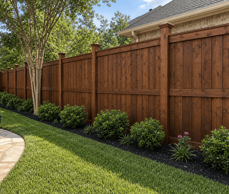 Freshly stained wood fence with rich finish beside a clean Houston lawn