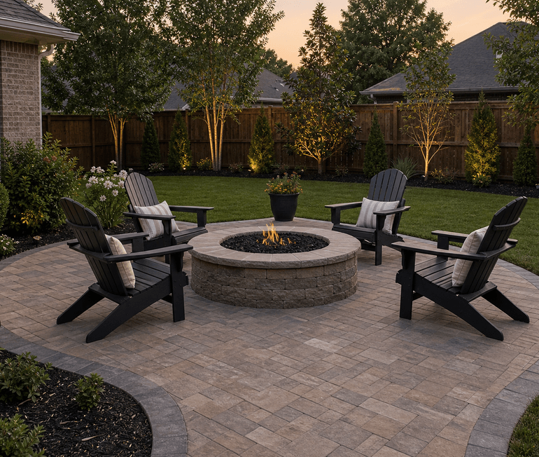 Built-in stone fire pit centered in a finished paver patio in Houston