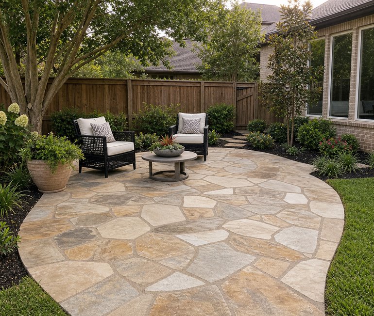 Natural flagstone patio with seating and garden beds in a Houston backyard