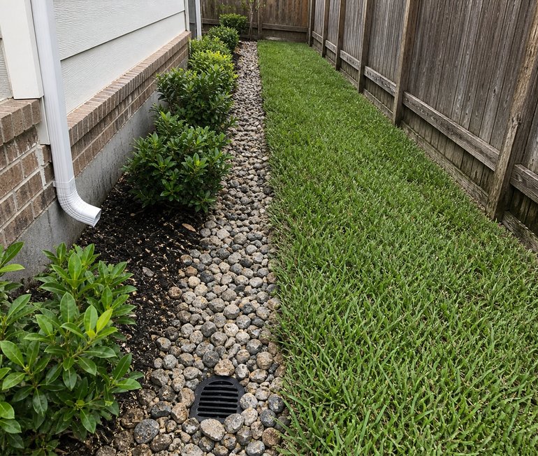 Finished French drain with river rock running away from a Houston home foundation