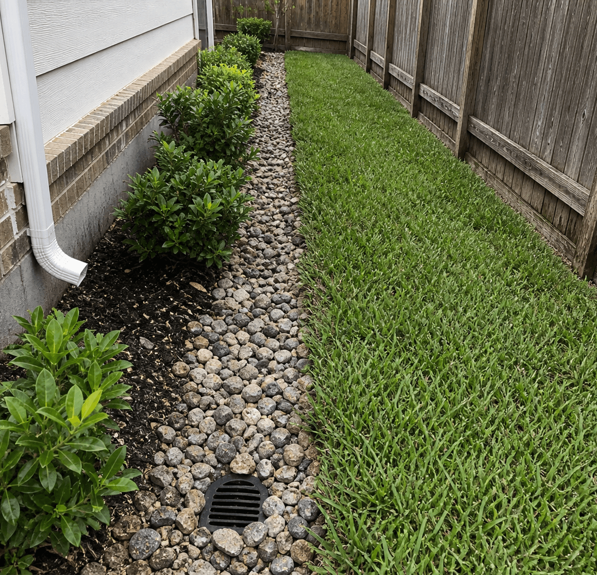French drain gravel trench installed to move water off a tight slab lot, the kind of drainage Strong Landscaping builds in EaDo, Houston, TX