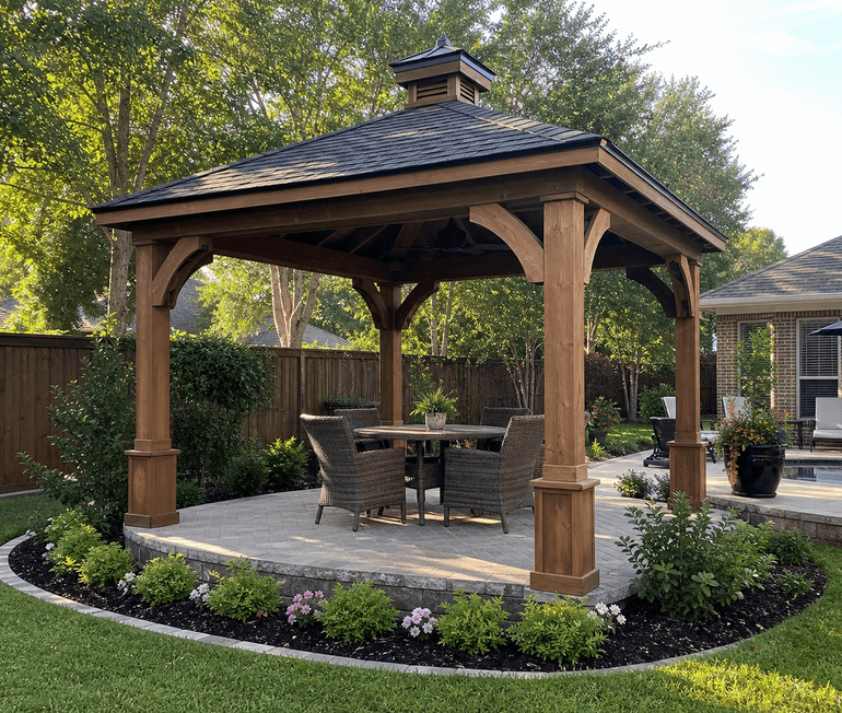 Custom wood gazebo with seating and planted borders in a landscaped Houston backyard