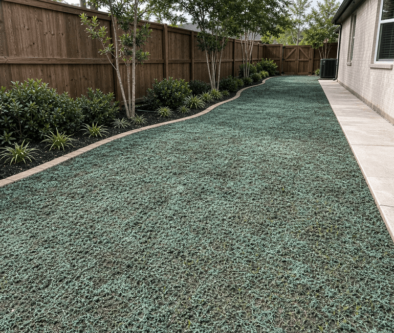 Newly hydroseeded Houston lawn area with green-tinted seed slurry applied evenly