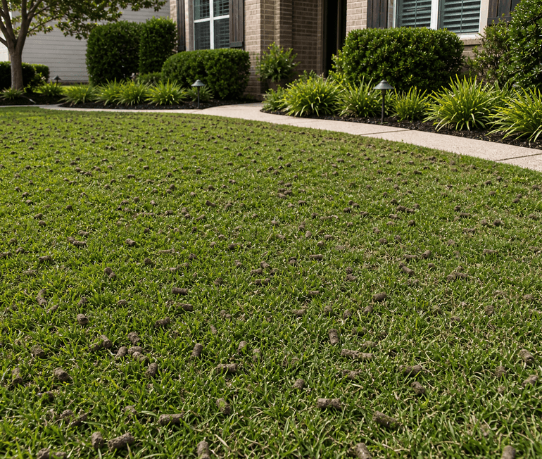 Recently aerated Houston lawn with soil plugs visible across healthy turf