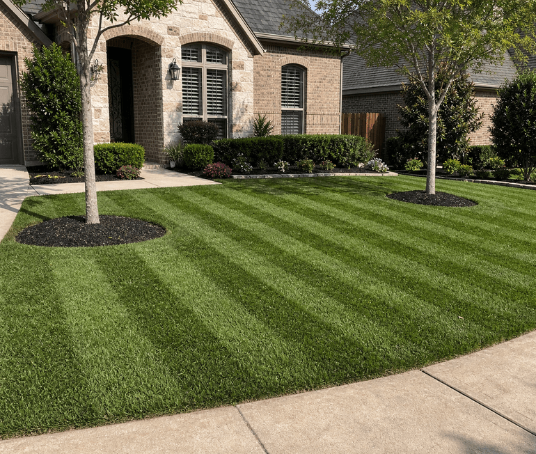 Freshly mowed Houston lawn with straight stripes and crisp edging