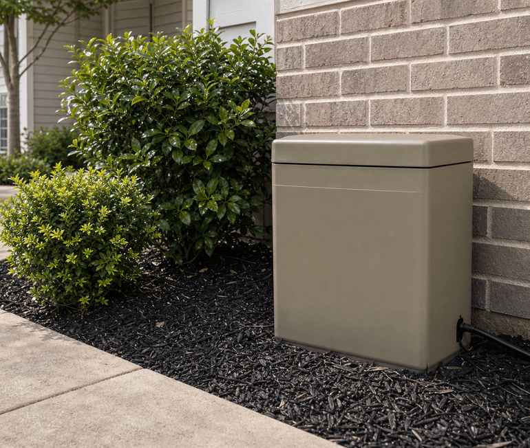Cube Pro style mosquito misting system box installed beside a landscaped Houston patio wall