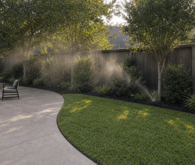 Subtle mosquito barrier treatment around shrubs in a Houston backyard