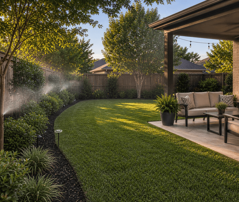 Comfortable treated Houston backyard with lawn, patio, and planted perimeter