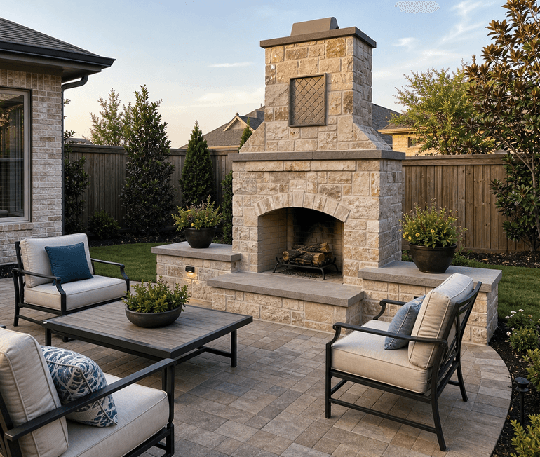 Outdoor stone fireplace with seating on a finished Houston backyard patio