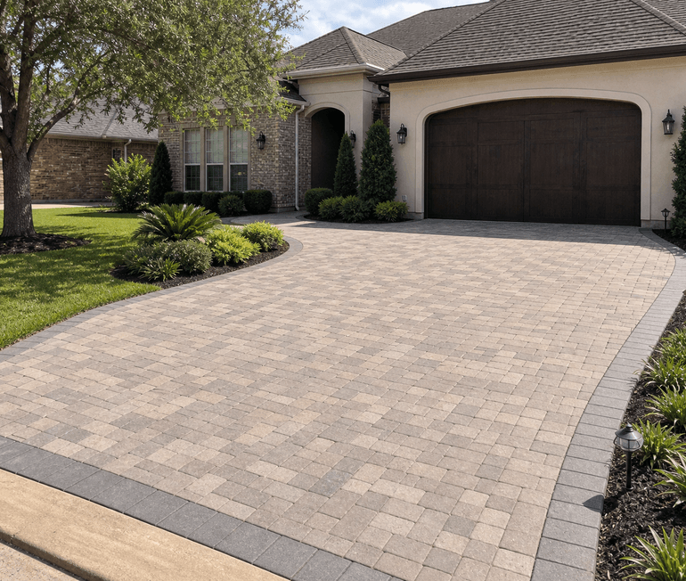 Interlocking paver driveway with clean borders leading to a Houston home