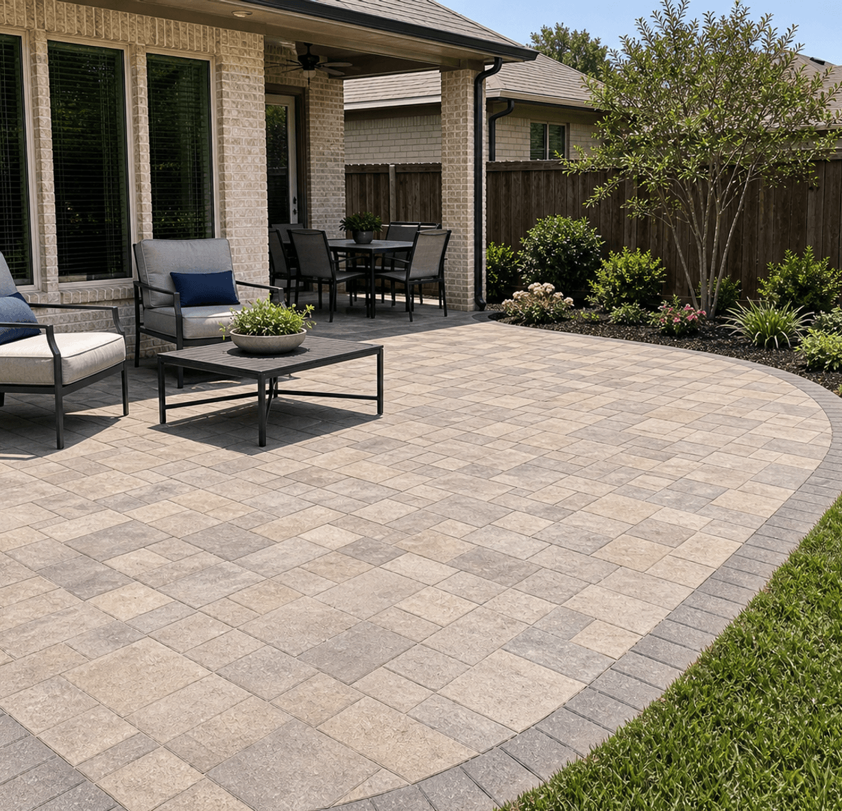 Paver patio courtyard, the kind of tight-lot hardscape Strong Landscaping builds in Rice Military, Houston, TX