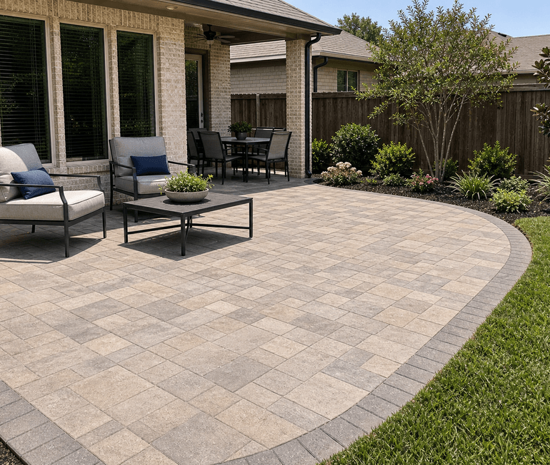 Interlocking paver patio with border course and landscaped lawn edge in Houston