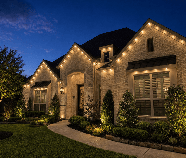 Permanent roofline lighting glowing under the eaves of a Houston home at dusk