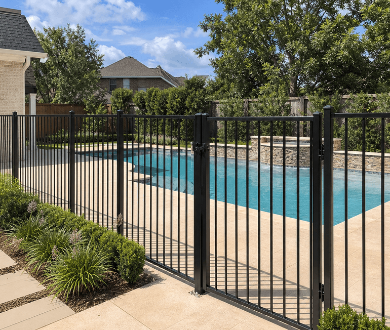 Black metal pool safety fence installed around a backyard pool in Houston