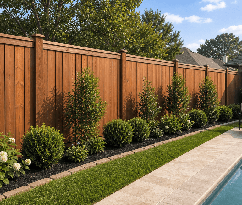 Tall wood privacy fence enclosing a landscaped Houston backyard