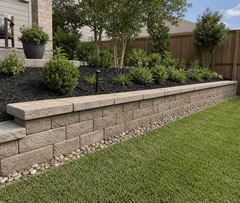 Segmented block retaining wall holding a planted slope in a Houston backyard
