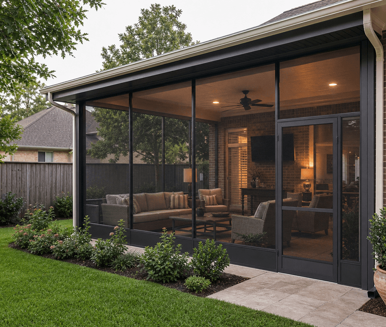Screened patio enclosure with dark mesh framing and outdoor seating beside a landscaped Houston backyard