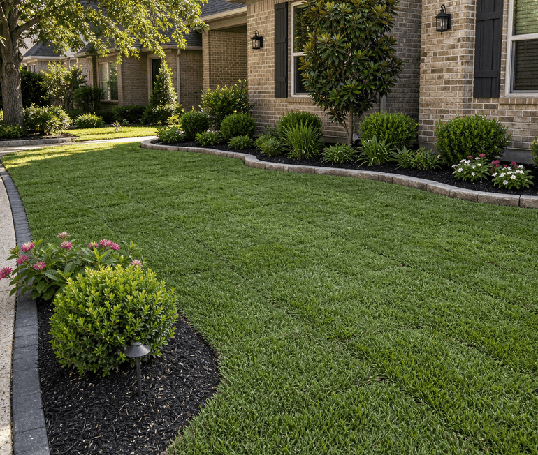 Freshly installed green sod with clean bed edges in a Houston yard