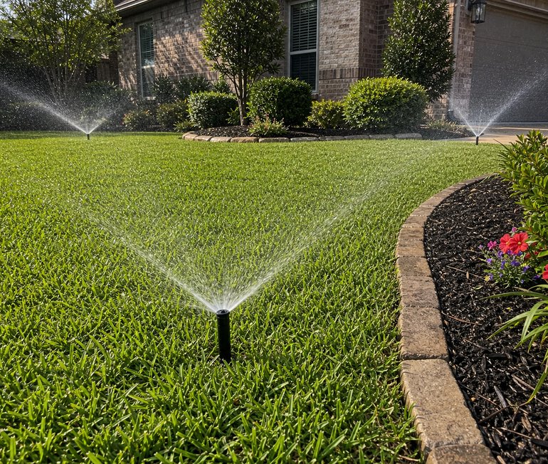 Installed sprinkler system watering a green Houston lawn with even coverage