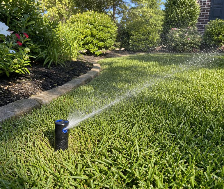 Repaired pop-up sprinkler head watering a healthy Houston lawn