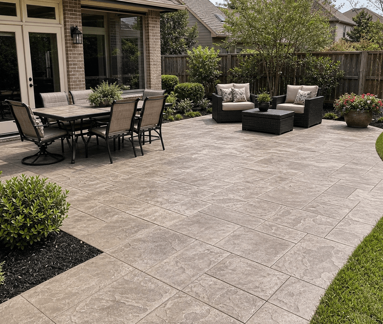 Stamped decorative concrete patio with stone pattern and clean landscaping in Houston