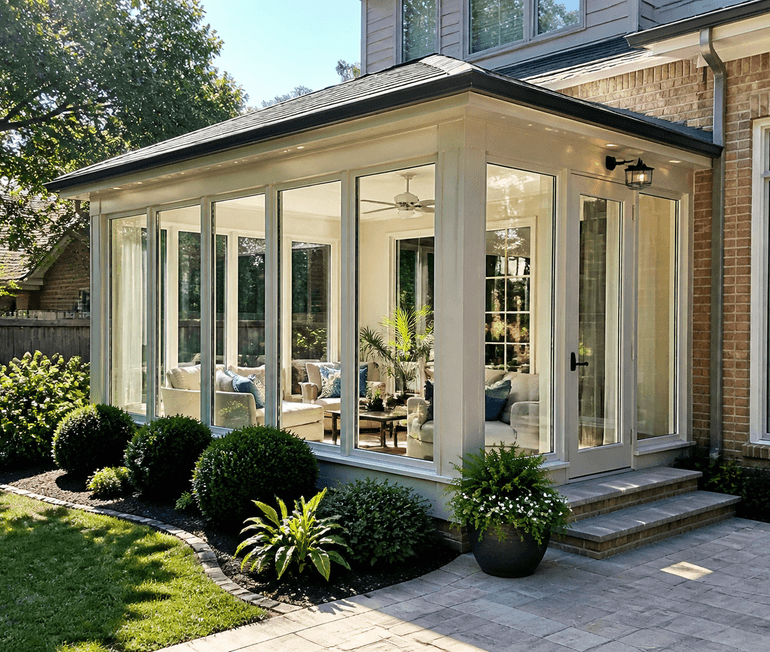 Bright sunroom addition with glass walls, patio steps, and clean backyard landscaping in Houston